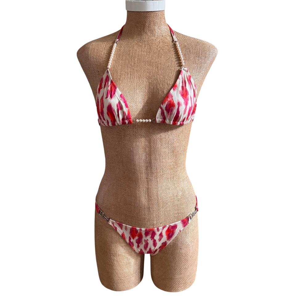 Christian Dior Pink Animal Print Bikini Bathing Swim Suit Pearl Halter Size 4